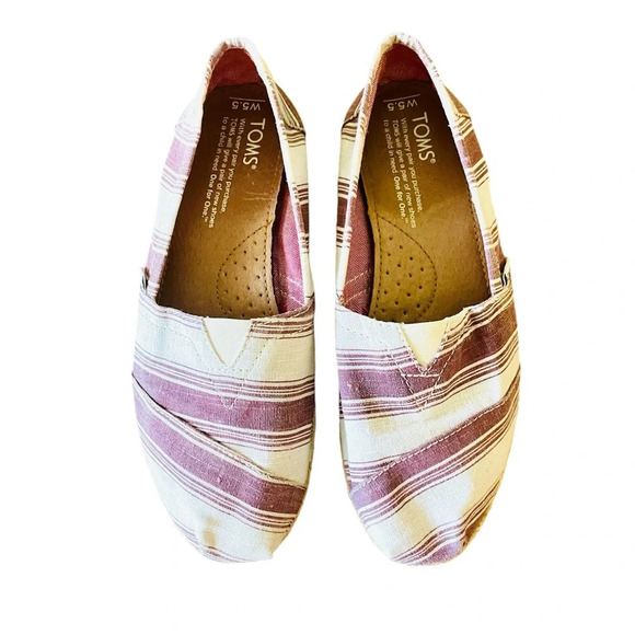 TOMS Alpargata espadrille slip-on canvas flats loafers 5.5 beige burgundy stripe - Picture 2 of 8